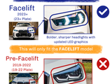 Car headlights are compared: Facelift 2023+ features bold, sharp LED graphics; Pre-Facelift 2019-2022 has rounder design. Text:  This will only fit the FACELIFT model.