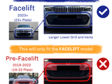 Car front bumpers are compared with text: The facelift (2023+) has a larger lower grill, while the pre-facelift (2019-2022) has a smaller grill. Facelift model emphasized.