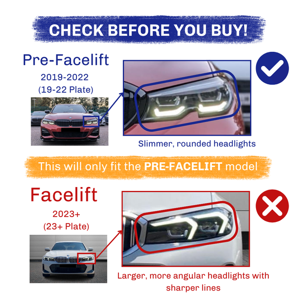 A graphic compares car headlights. highlights pre-facelift (2019-2022) with slimmer, rounded headlights and facelift (2023+) with larger, angular headlights. Pre-facelift fits only.