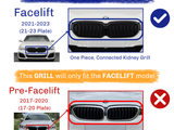 Car grilles are compared. Facelift (2021-2023) features a one-piece connected kidney grille; Pre-Facelift (2017-2020) has a two-piece separate kidney grille. Text advises checking before buying for fit compatibility.