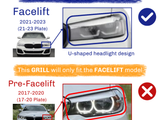 Car headlights are compared for two models: Facelift (2021-2023) with U-shaped design and Pre-Facelift (2017-2020) with circular Angel design. Text:  This GRILL will only fit the FACELIFT model!
