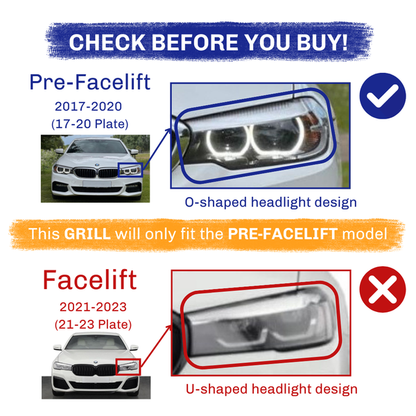 A car grille compatibility guide showing two models: "Pre-Facelift" (2017-2020) with O-shaped headlights, and "Facelift" (2021-2023) with U-shaped headlights. Text:  This GRILL will only fit the PRE-FACELIFT model."
