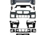 Car bumper kit with multiple parts, arranged symmetrically. Includes front and rear bumpers, grills, and mounting brackets, displayed on a plain white background for easy viewing and organization.