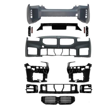 Car bumper kit with multiple parts, arranged symmetrically. Includes front and rear bumpers, grills, and mounting brackets, displayed on a plain white background for easy viewing and organization.