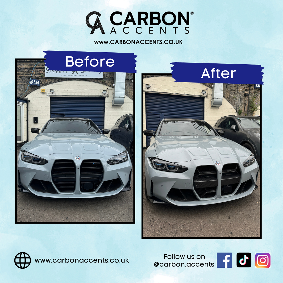 A silver car is shown in two side-by-side images labeled "Before" and "After," with changes in the front grill. Text: www.carbonaccents.co.uk, Follow us on @carbon.accents.