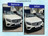 A white Mercedes-Benz car is shown in two side-by-side images labeled 