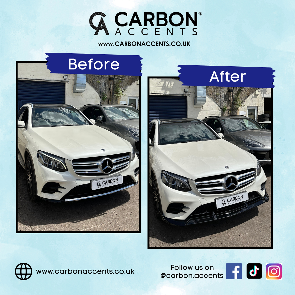A white Mercedes-Benz car is shown in two side-by-side images labeled "Before" and "After." The car is parked outdoors with a building in the background. Visible text: "CARBON ACCENTS," "www.CARBONACCENTS.co.uk," "Follow us on @carbon.accents."