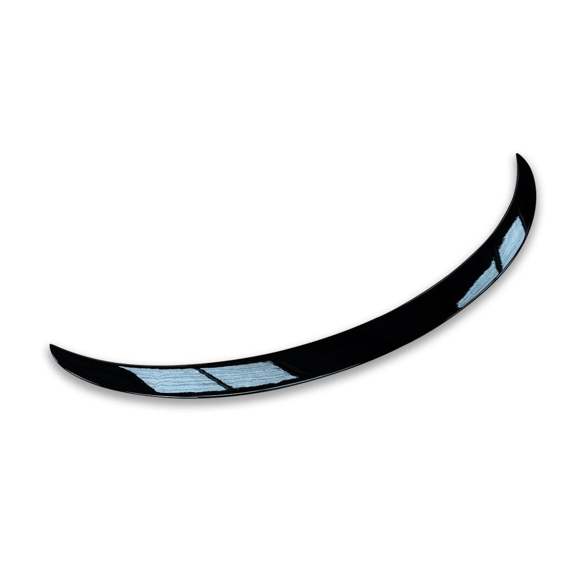 Curved black object with two light blue reflective sections, resembling a car spoiler or aerodynamic component, set against a plain white background.