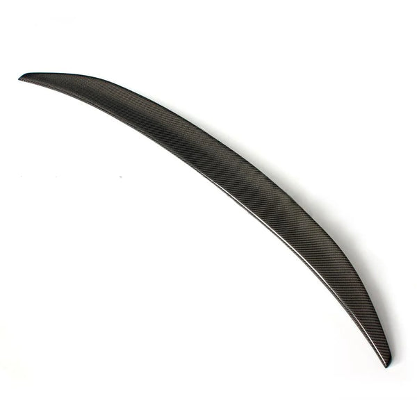 A sleek, lightweight carbon fiber car spoiler is shown, arched slightly, resting against a plain white background.