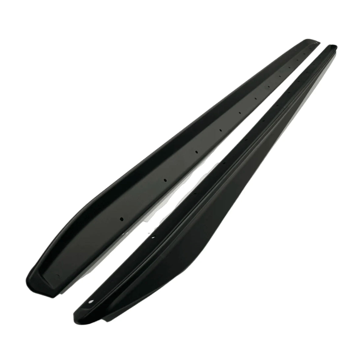 Two sleek, black side skirt panels for a vehicle are placed parallel in a well-lit, minimalist setting, showcasing their smooth design and uniform holes for installation.