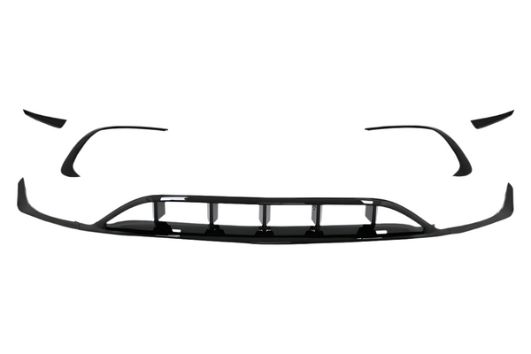A black front bumper splitter with aerodynamic fins, arranged in sections, isolated against a white background.