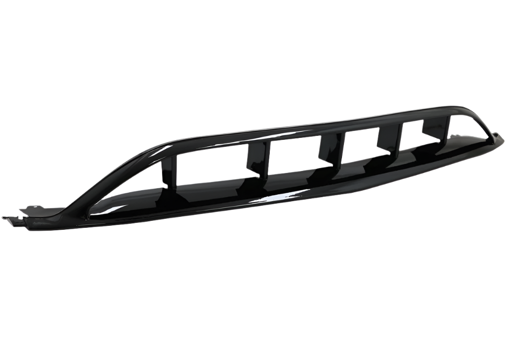 A glossy black car rear diffuser with four vertical fins, designed for aerodynamic efficiency, sits against a plain white background.