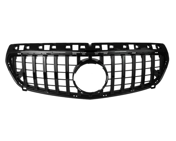 A black car grille featuring vertical and horizontal slats, with a prominent central circular opening, is displayed against a plain white background.