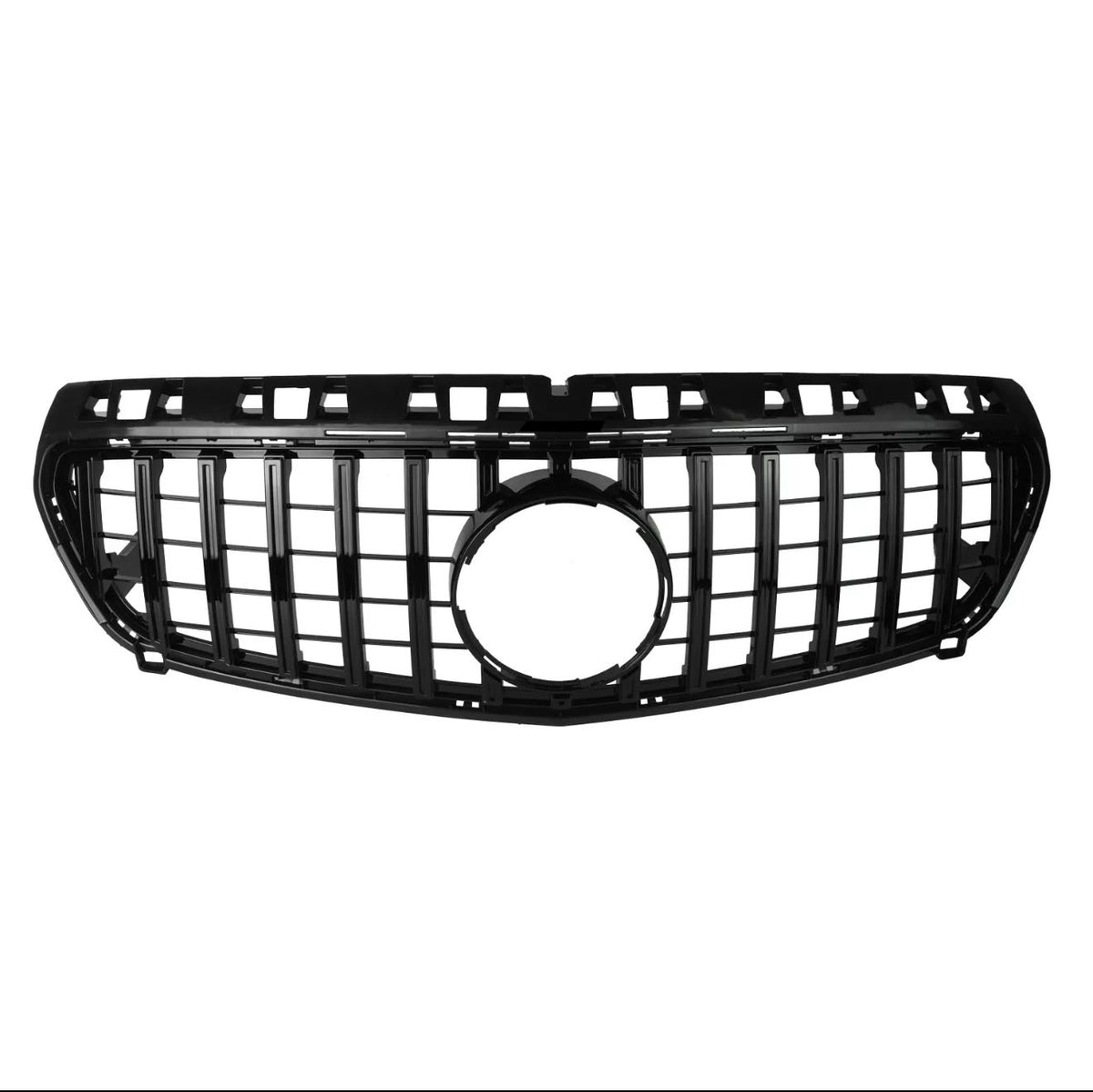 A black car grille featuring vertical and horizontal slats, with a prominent central circular opening, is displayed against a plain white background.