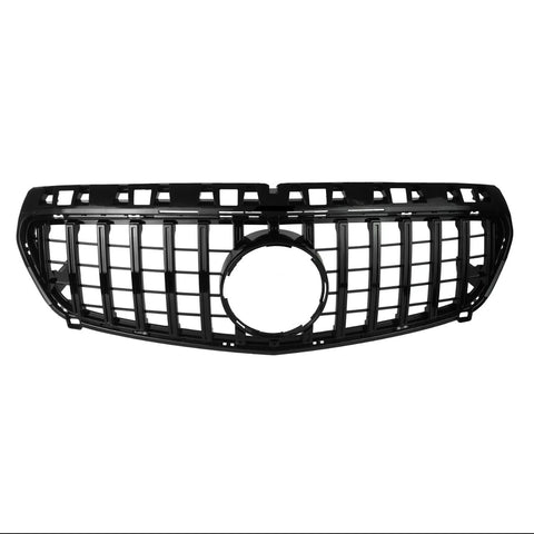 A black car grille featuring vertical and horizontal slats, with a prominent central circular opening, is displayed against a plain white background.
