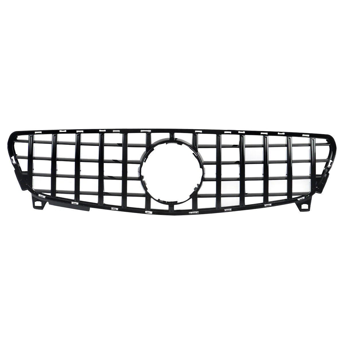 A black car grille with vertical and horizontal bars forms a grid pattern, featuring a circular center frame, set against a plain white background.