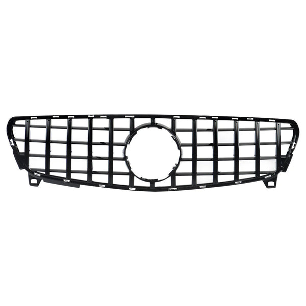 A black car grille with vertical and horizontal bars forms a grid pattern, featuring a circular center frame, set against a plain white background.