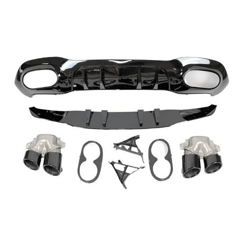 A collection of car diffuser components, including a glossy black bumper diffuser, quad exhaust tips, and supporting brackets, arranged on a plain white background.