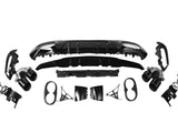 Car bumper assembly kit, showing multiple black and silver parts arranged symmetrically, including fender pieces and exhaust tips, isolated on a white background.