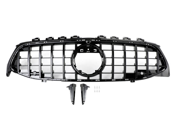 A black car grille with a large central circular opening and grid pattern, displayed against a white background. Below it are two mounting brackets and four screws.