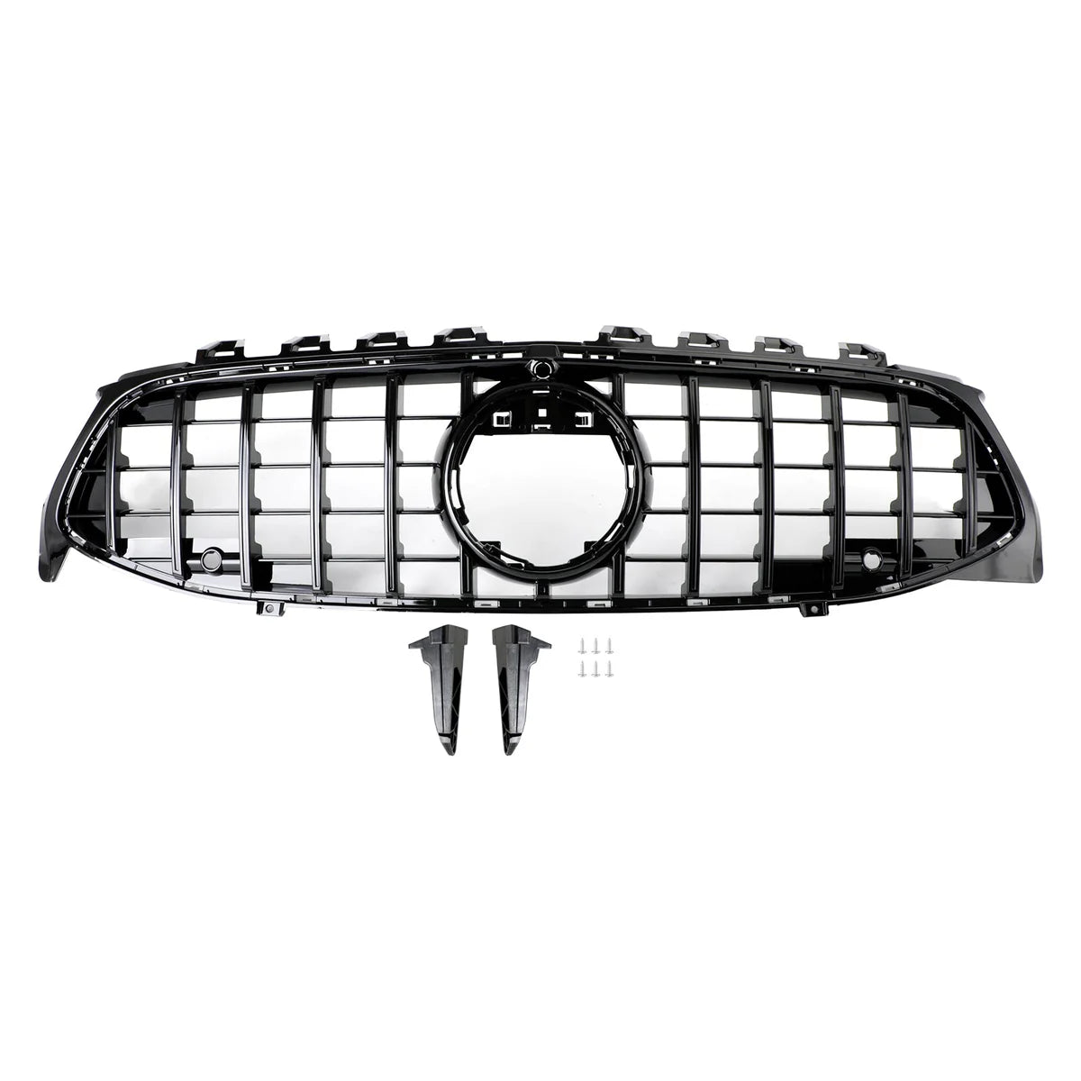 A black car grille with a large central circular opening and grid pattern, displayed against a white background. Below it are two mounting brackets and four screws.