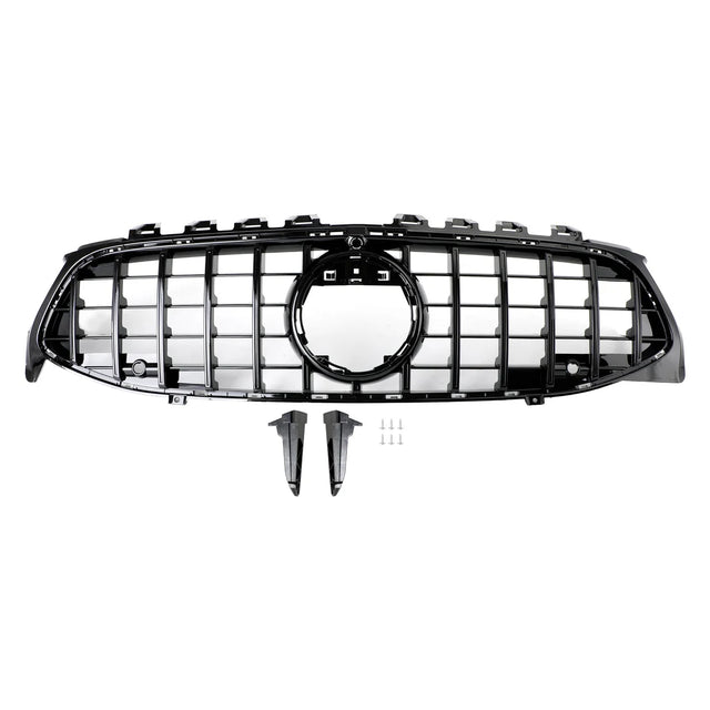 A black car grille with a large central circular opening and grid pattern, displayed against a white background. Below it are two mounting brackets and four screws.