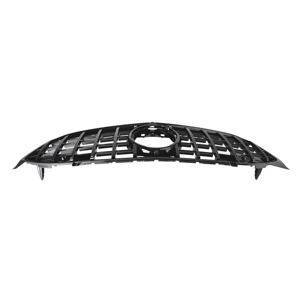 A black car grille with horizontal and vertical slats features a circular cutout at the center, resting on a white, featureless background.