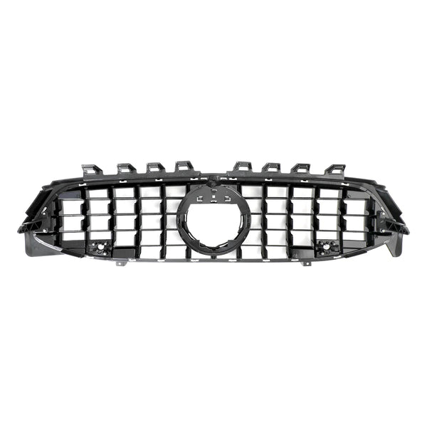 A black car grille features a grid pattern with a central circular opening, positioned against a plain white background.