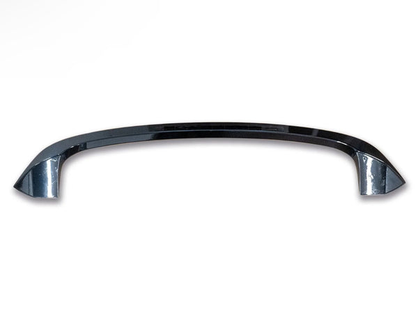 A chrome metal handle with a sleek, curved design is positioned horizontally against a plain white background, reflecting light subtly on its polished surface.