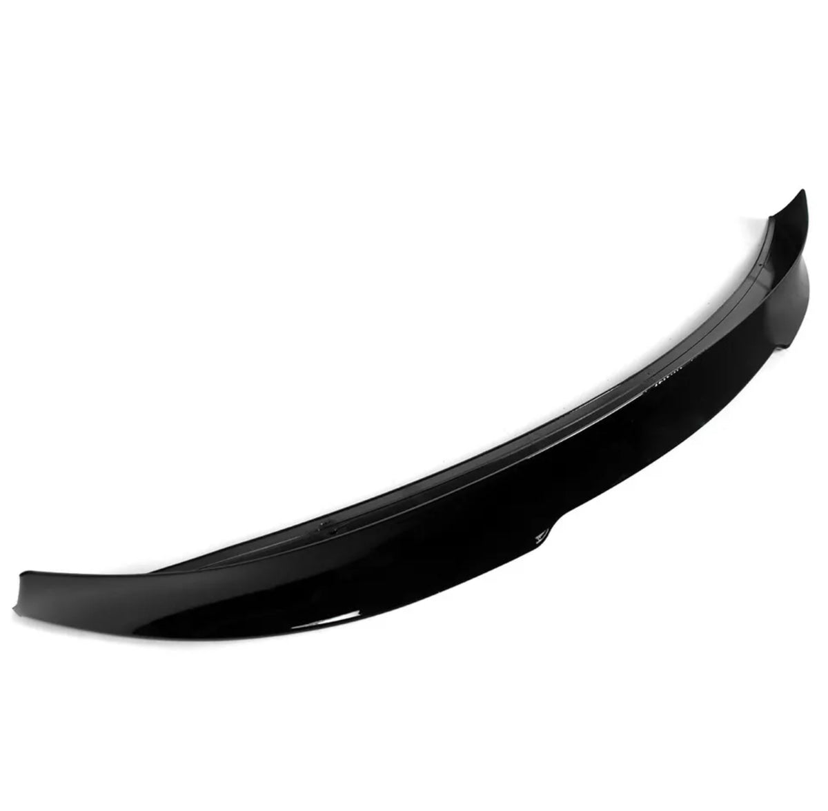 A glossy black car spoiler, resting against a white background, showcases its aerodynamic, curved design intended for attachment to a vehicle's rear.