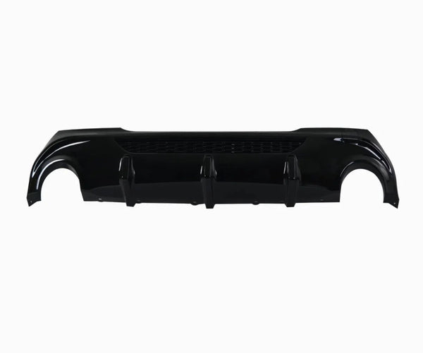A glossy black car rear bumper diffuser lies horizontally. It features three vertical fins and a mesh section, isolated against a plain white background.