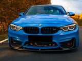 A blue sports car drives along a tree-lined road. The car's front grille bears the BMW logo, and fallen leaves are visible caught in the front bumper.