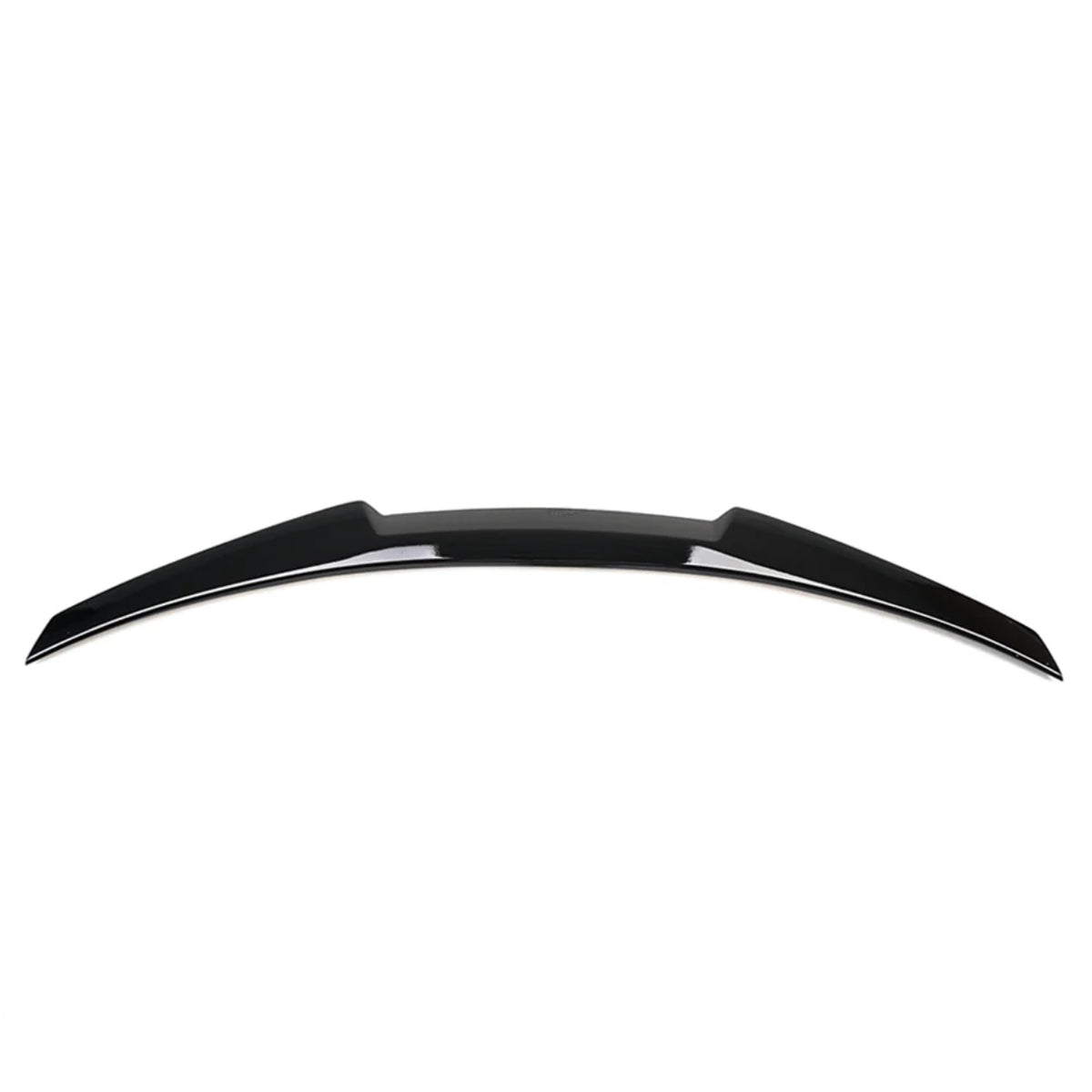 A sleek, black car spoiler is displayed against a plain white background, showcasing its curved design and aerodynamic features.