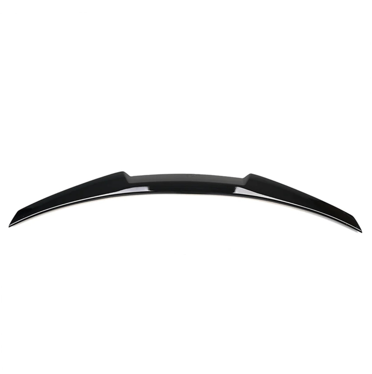 A sleek, black car spoiler is displayed against a plain white background, showcasing its curved design and aerodynamic features.