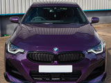 A purple BMW car is parked in front of a corrugated metal building. The car's sleek headlights and black grille are prominently displayed. The pavement surrounds the car.