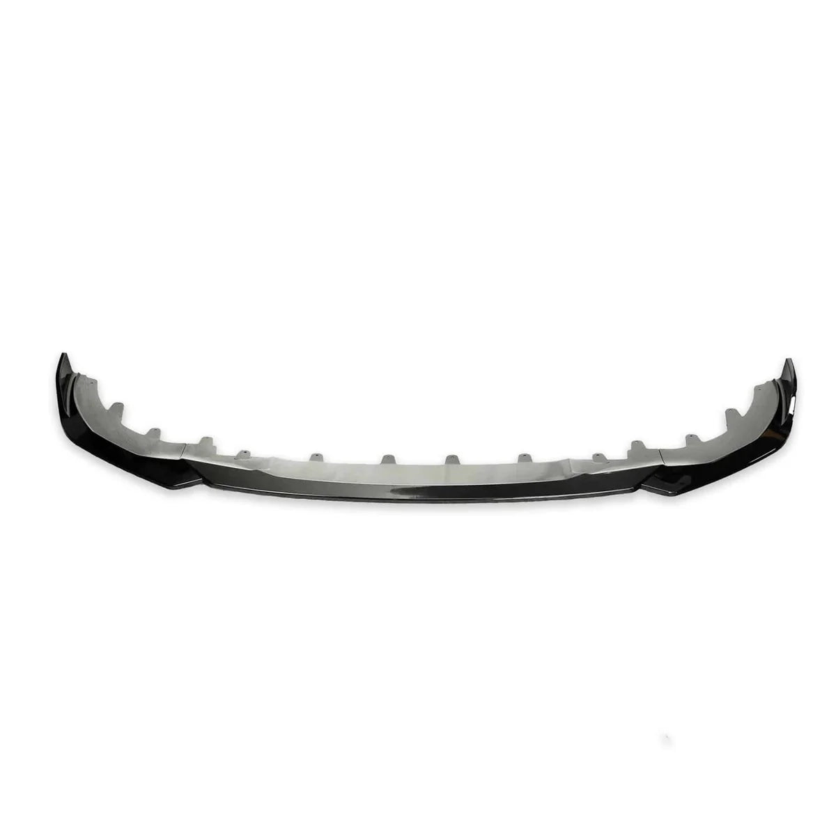 A curved car front splitter sits isolated against a plain white background, featuring a black aerodynamic design and notches along its length, suggesting attachment points.