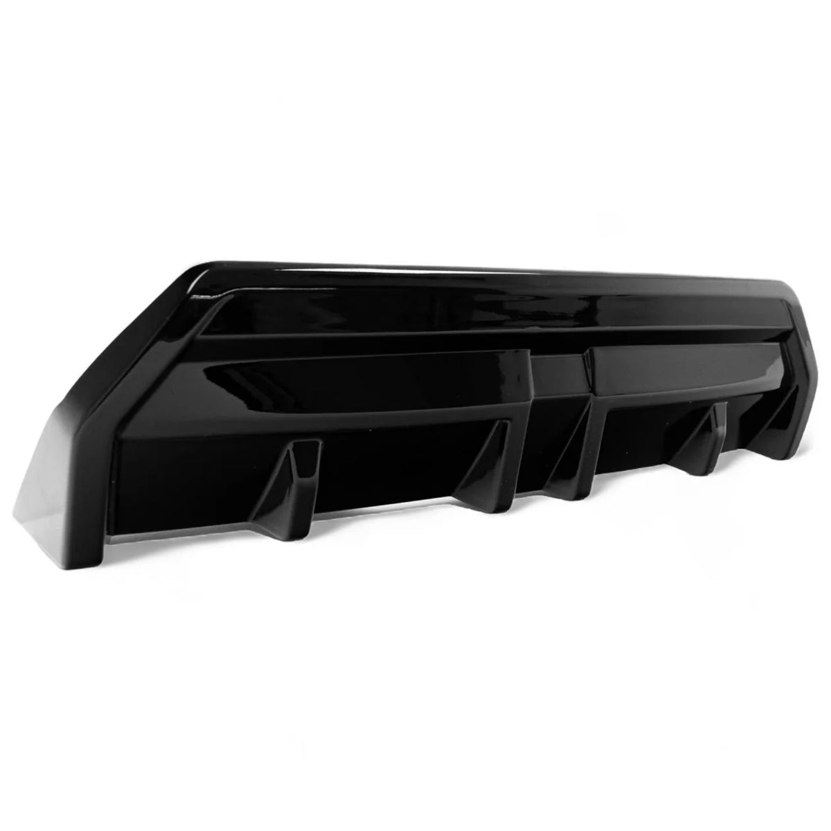 A sleek, black car diffuser sits on a white background, featuring angular design elements and aerodynamic fins, suggesting use in automotive rear bumper applications.
