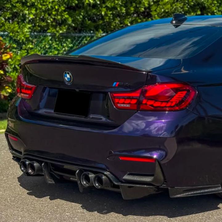 A dark purple BMW car with distinctive red taillights and dual exhausts is parked on a road, surrounded by green bushes and a clear sky reflecting on its surface.