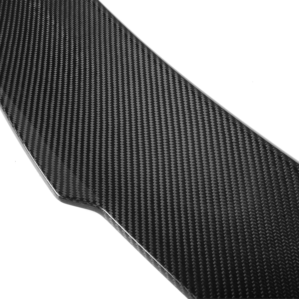 A carbon fiber panel, weaving patterns visible, reflects light subtly, showcasing its glossy surface. The background is plain white, highlighting the sleek, textured design.
