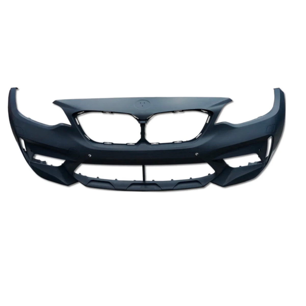 A black car front bumper with large central grille openings is displayed against a plain white background. The bumper is symmetrical with spaces for headlights on each side.
