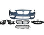 Car bumper kit displayed with grille, fog light holders, and mesh grille sections. Components are laid out symmetrically against a plain white background, showcasing automotive parts assembly.