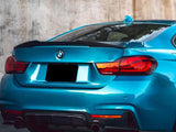 A blue BMW car is parked beside a concrete wall, showing its rear end with dual exhaust pipes and the BMW logo centered on the trunk.