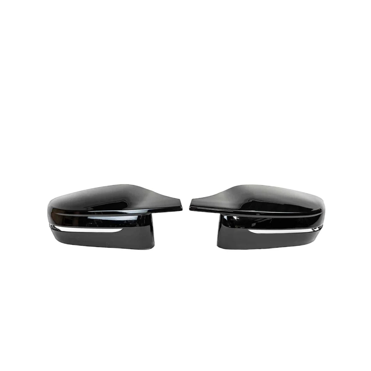 Two sleek black car side mirrors are positioned facing each other against a plain white background, emphasizing their glossy finish and aerodynamic design.