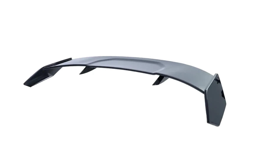A sleek, curved car spoiler with angular edges and two side supports is displayed against a plain white background, emphasizing its aerodynamic design.