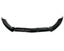 A black car front splitter with aerodynamic contours lies on a white background, emphasizing its sleek, angular design intended to reduce air resistance and enhance vehicle performance.