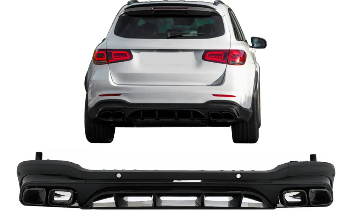 A white SUV is parked, viewed from the rear, with a focus on its black bumper positioned below in a separate detail view, highlighting its design and exhaust components.