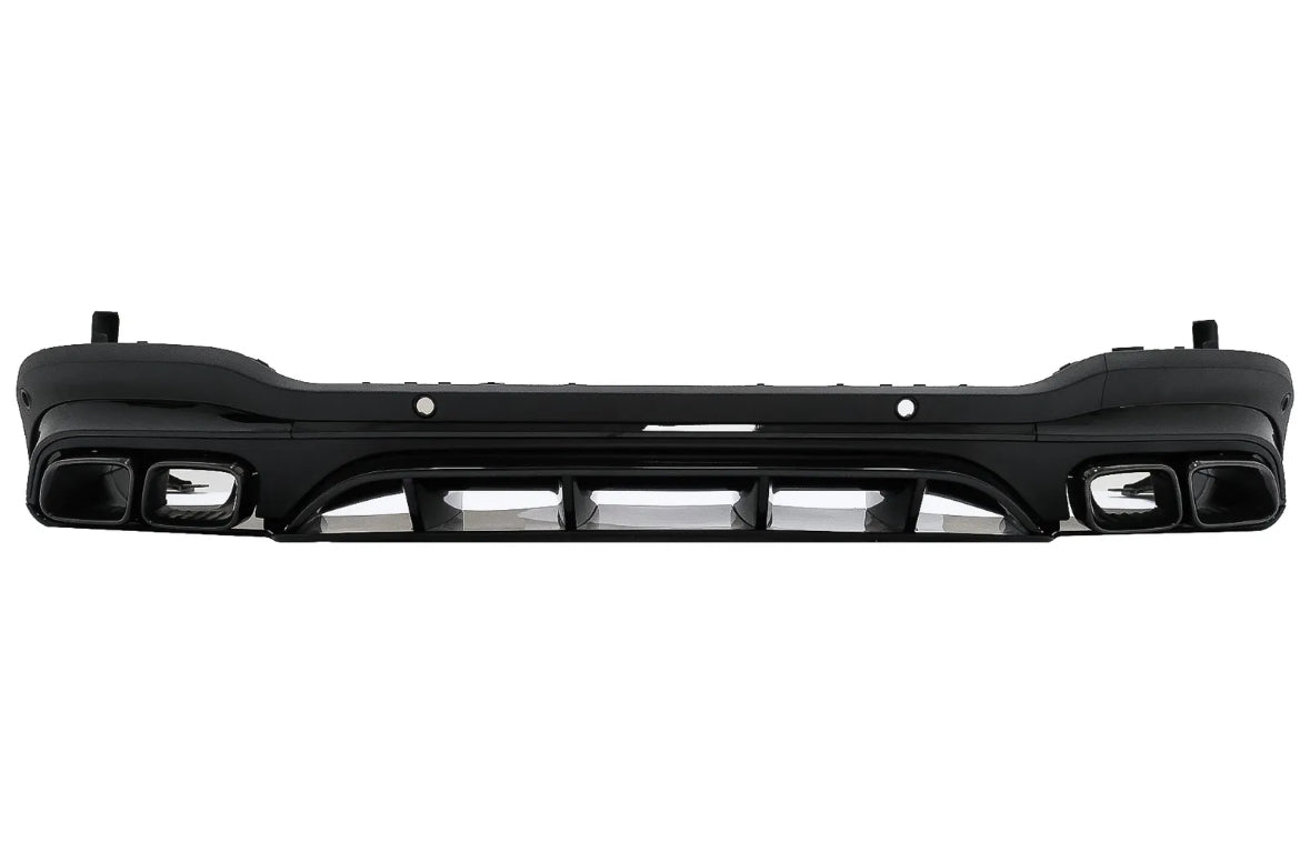 Black car bumper with integrated dual exhaust tips, not mounted, showcasing exhaust outlets and aerodynamic design, isolated against a white background.