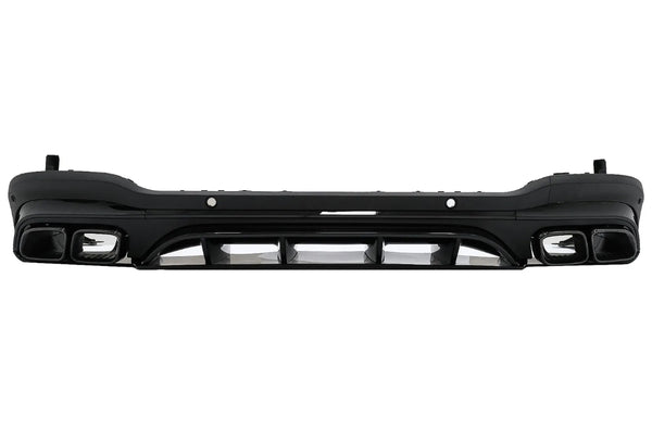 Black car bumper with integrated dual exhaust tips, not mounted, showcasing exhaust outlets and aerodynamic design, isolated against a white background.