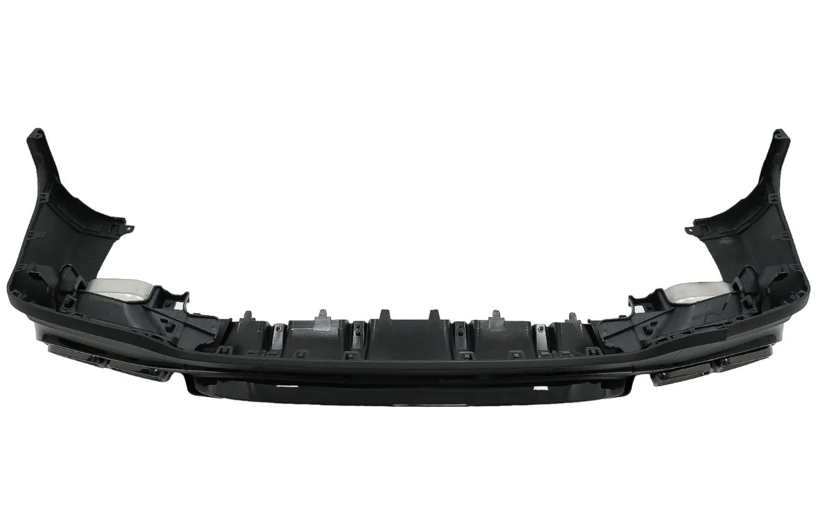 A black plastic car bumper, featuring mounting brackets and slots, is positioned in an isolated, white background setting.
