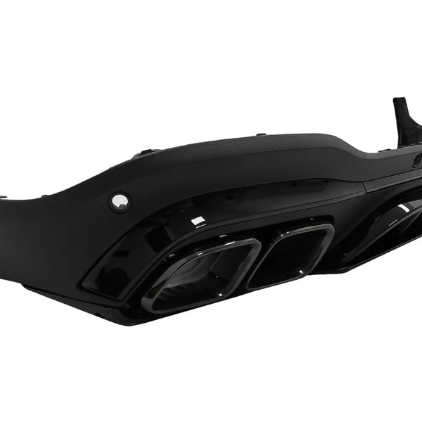 A black car bumper features dual exhaust cutouts and aerodynamic detailing, designed for rear attachment, against a plain, white background.
